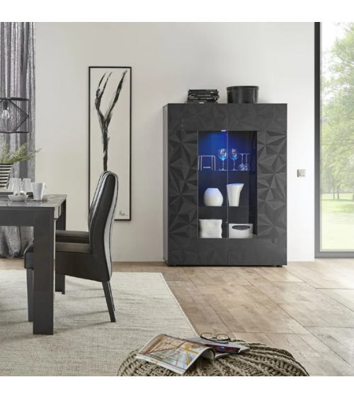 Vitrine haute PRISMA 2 portes – Design géométrique noir avec partie vitrée