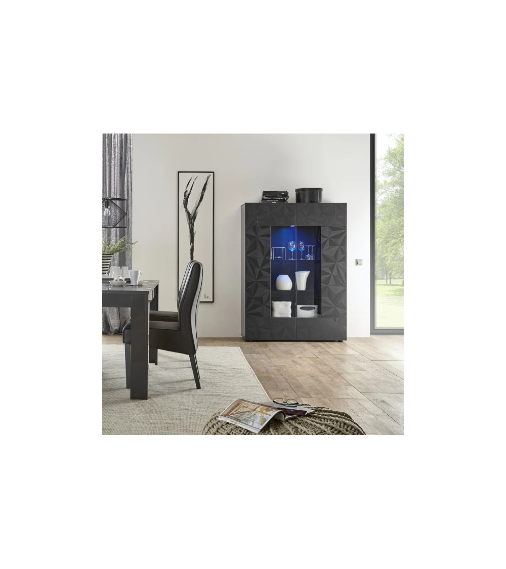 Vitrine alta PRISMA de 2 portas – Design geométrico preto com parte envidraçada
