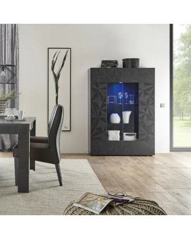 Vitrine haute PRISMA 2 portes – Design géométrique noir avec partie vitrée