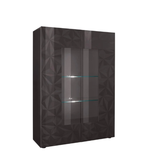 Vitrine alta PRISMA de 2 portas – Design geométrico preto com parte envidraçada
