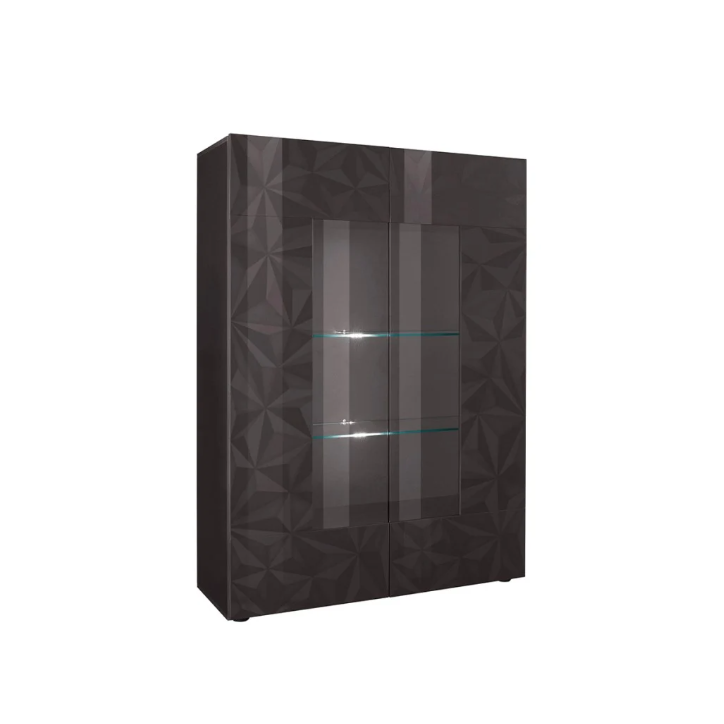 Vitrine haute PRISMA 2 portes – Design géométrique noir avec partie vitrée Vitrine haute PRISMA 2 portes – Design géométrique noir avec partie vitrée