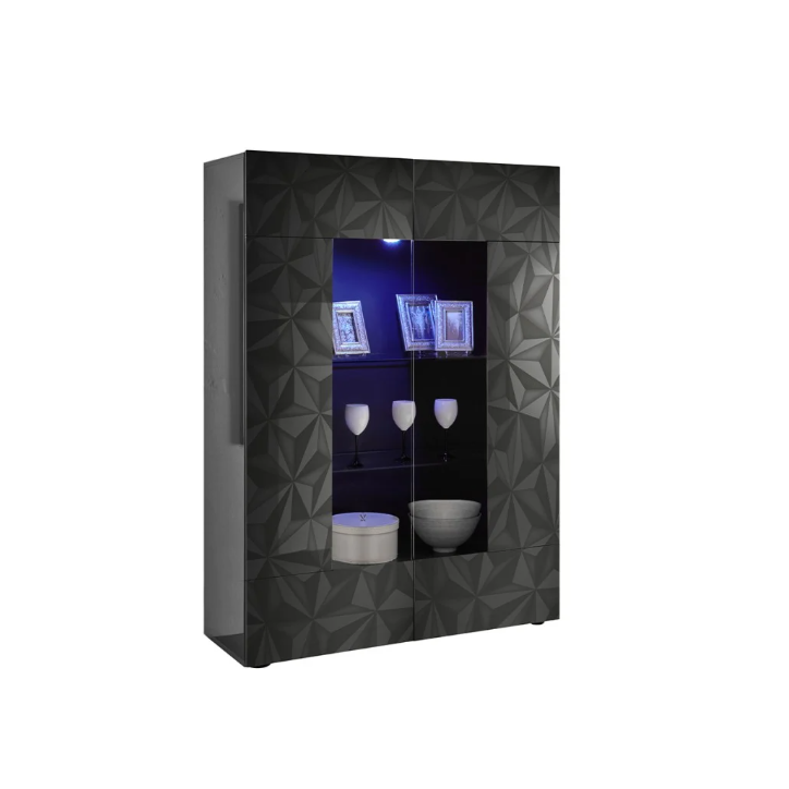 Vitrine haute PRISMA 2 portes – Design géométrique noir avec partie vitrée Vitrine haute PRISMA 2 portes – Design géométrique noir avec partie vitrée