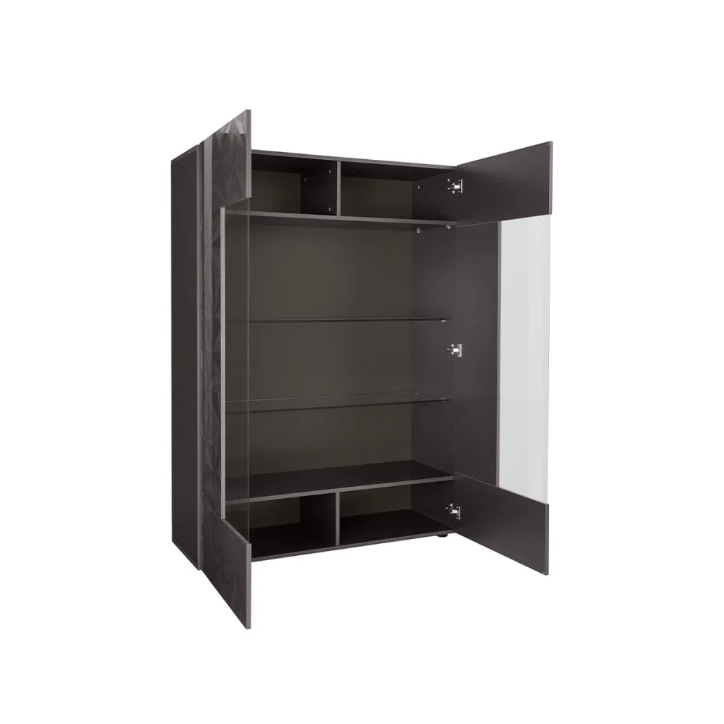 Vitrine haute PRISMA 2 portes – Design géométrique noir avec partie vitrée Vitrine haute PRISMA 2 portes – Design géométrique noir avec partie vitrée