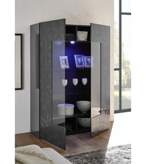 Vitrine haute PRISMA 2 portes – Design géométrique noir avec partie vitrée