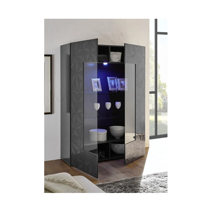 Vitrine haute PRISMA 2 portes – Design géométrique noir avec partie vitrée Vitrine haute PRISMA 2 portes – Design géométrique noir avec partie vitrée