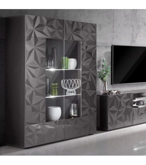 Vitrina alta PRISMA de 2 puertas – Diseño geométrico negro con parte acristalada