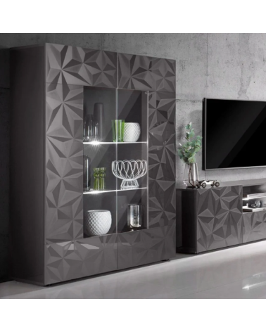 Vitrine haute PRISMA 2 portes – Design géométrique noir avec partie vitrée