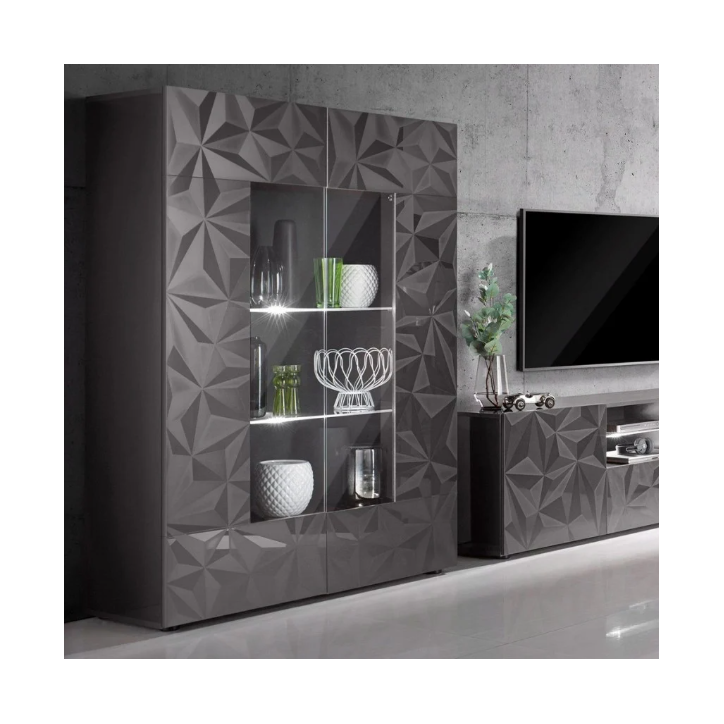 Vitrine haute PRISMA 2 portes – Design géométrique noir avec partie vitrée Vitrine haute PRISMA 2 portes – Design géométrique noir avec partie vitrée