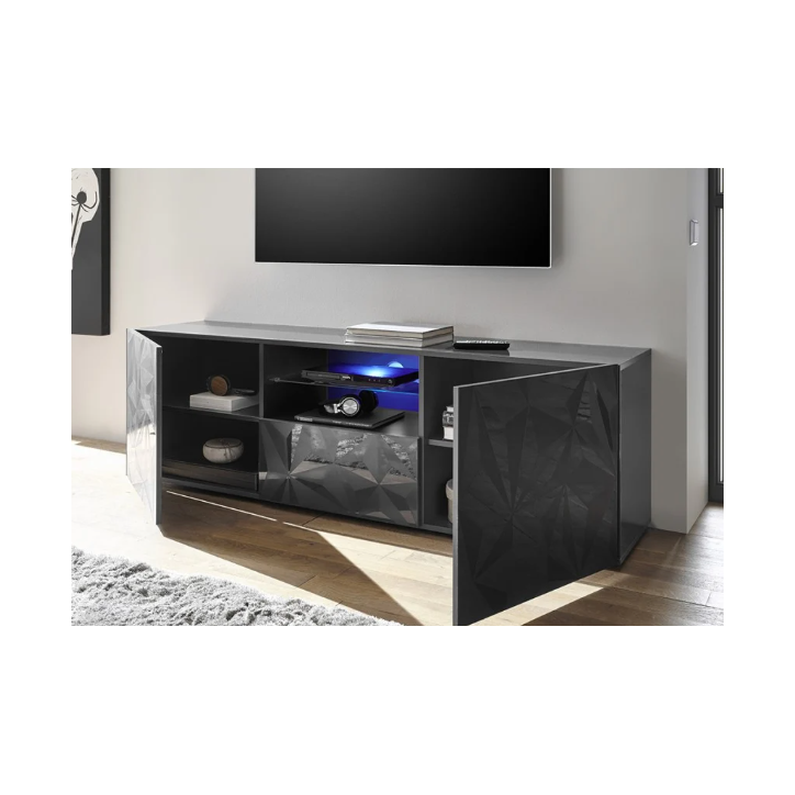 Mueble TV PRISMA con 2 puertas y 1 cajón – Diseño geométrico negro