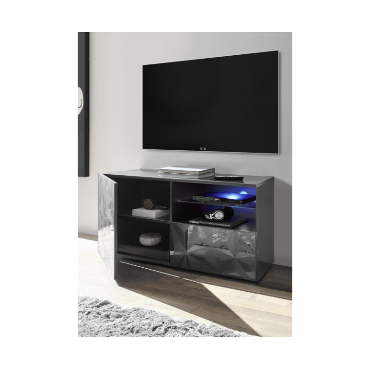 Mobile TV PRISMA con 1 anta e 1 cassetto – Design geometrico nero