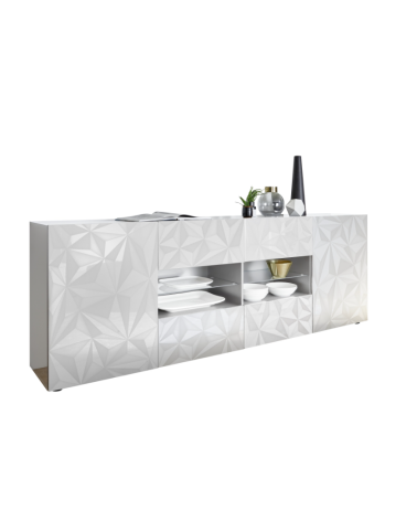 Buffet PRISMA 2 portes et 4 tiroirs – Design géométrique blanc laqué brillant