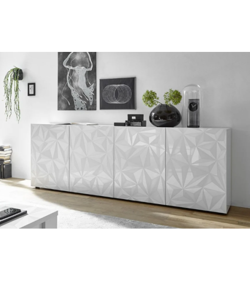 Buffet PRISMA 4 portes – Blanc laqué brillant – Design géométrique