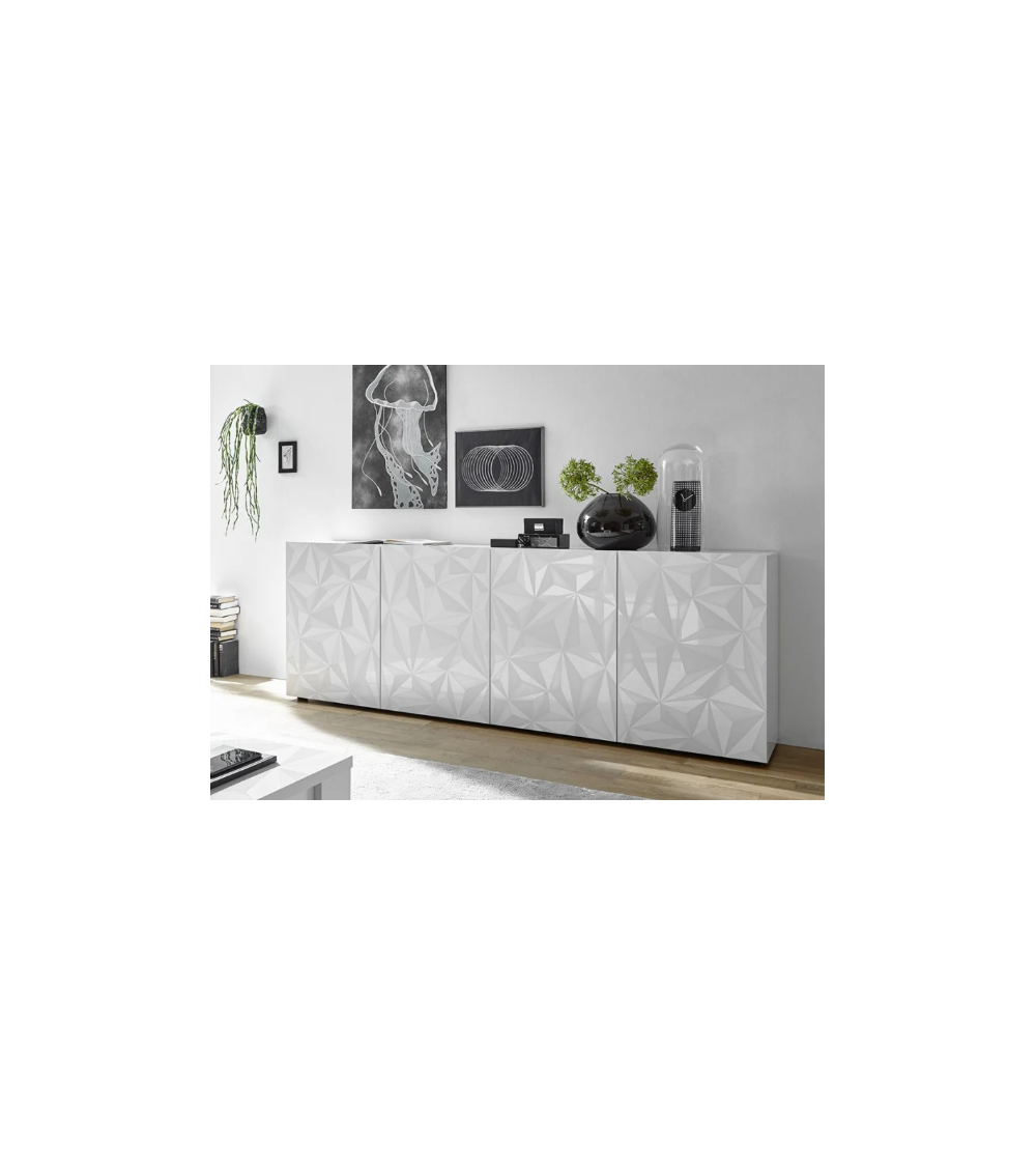 Madia PRISMA a 4 ante – Bianco laccato lucido – Design geometrico