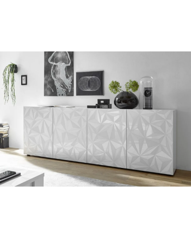Buffet PRISMA 4 portes – Blanc laqué brillant – Design géométrique