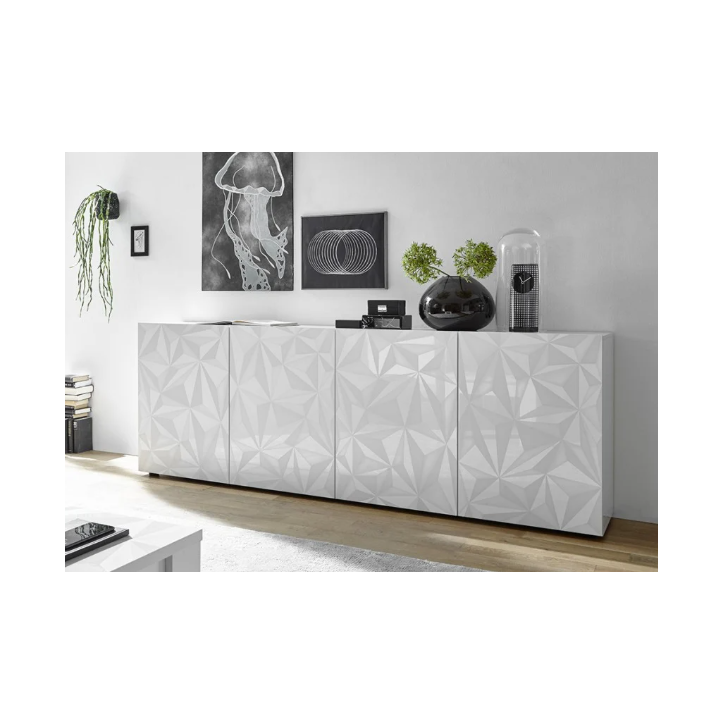 Madia PRISMA a 4 ante – Bianco laccato lucido – Design geometrico Madia PRISMA a 4 ante – Bianco laccato lucido – Design geometrico
