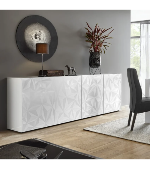 Buffet PRISMA 4 portes – Blanc laqué brillant – Design géométrique