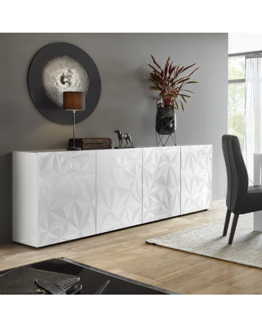 Buffet PRISMA 4 portes – Blanc laqué brillant – Design géométrique