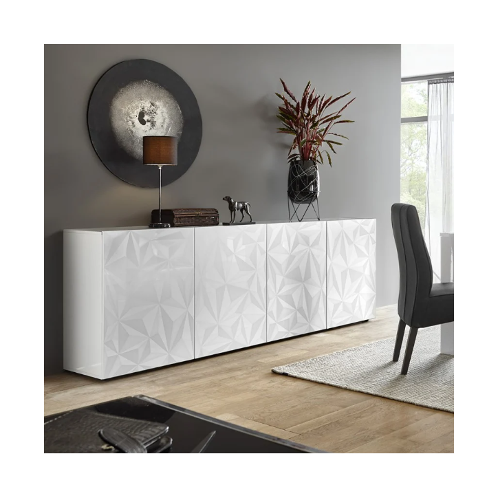 Buffet PRISMA 4 portes – Blanc laqué brillant – Design géométrique