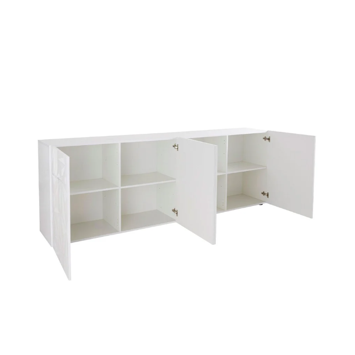 Aparador PRISMA de 4 puertas – Blanco lacado brillante – Diseño geométrico