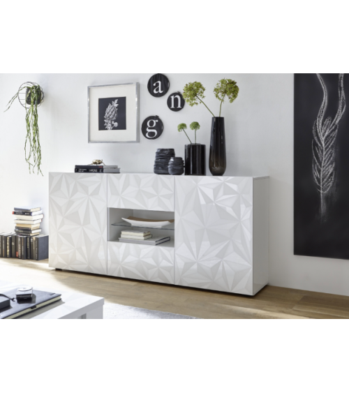 Madia PRISMA con 2 ante e 2 cassetti – Bianco laccato lucido – Design geometrico