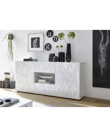 Madia PRISMA con 2 ante e 2 cassetti – Bianco laccato lucido – Design geometrico