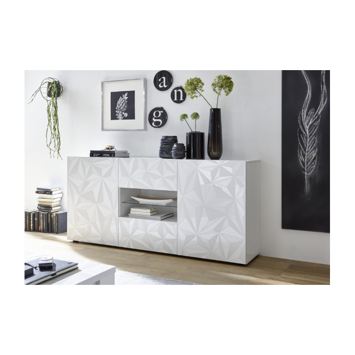 Madia PRISMA con 2 ante e 2 cassetti – Bianco laccato lucido – Design geometrico