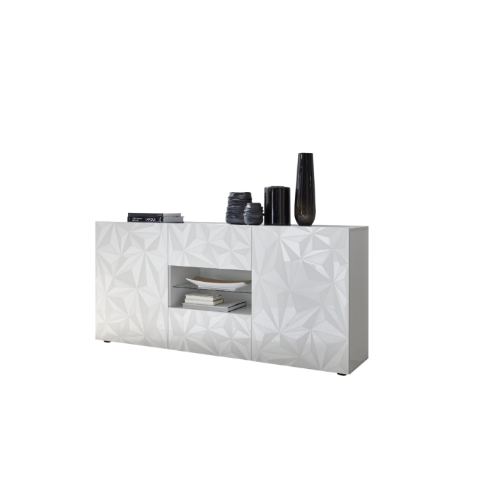 Madia PRISMA con 2 ante e 2 cassetti – Bianco laccato lucido – Design geometrico