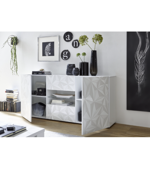 Buffet PRISMA 2 portes et 2 tiroirs – Blanc laqué brillant – Design géométrique