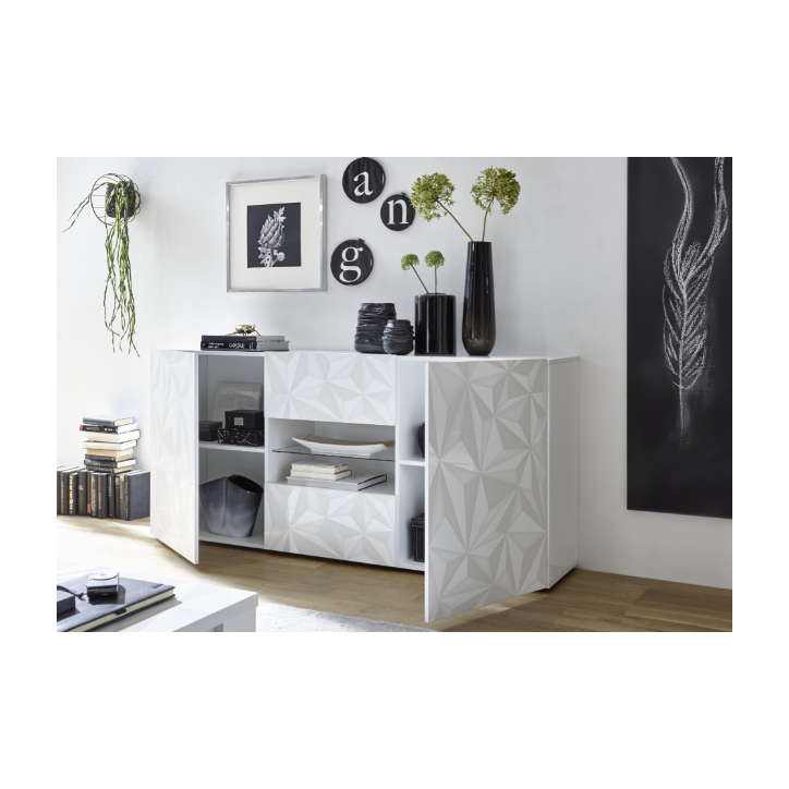 Buffet PRISMA 2 portes et 2 tiroirs – Blanc laqué brillant – Design géométrique