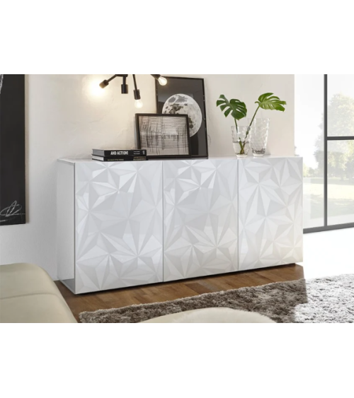 Aparador PRISMA de 3 portas – Branco lacado brilhante – Design geométrico