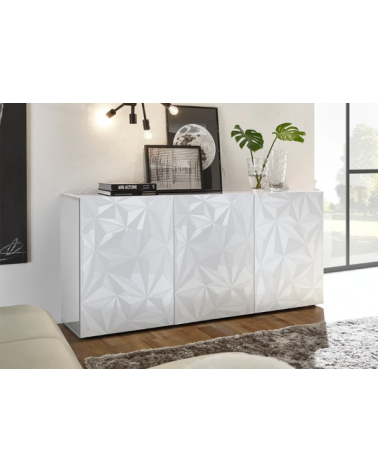 Buffet PRISMA 3 portes – Blanc laqué brillant – Design géométrique