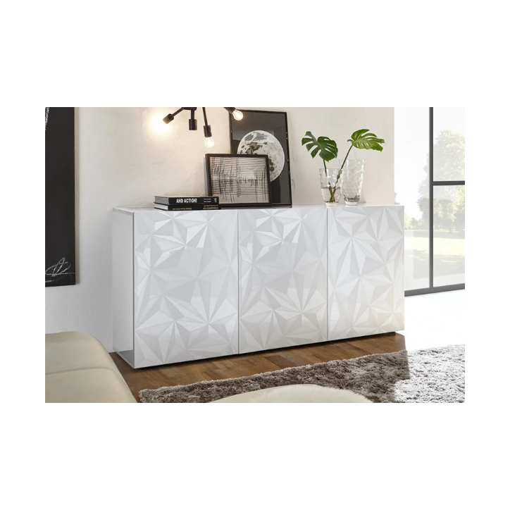 Madia PRISMA a 3 ante – Bianco laccato lucido – Design geometrico