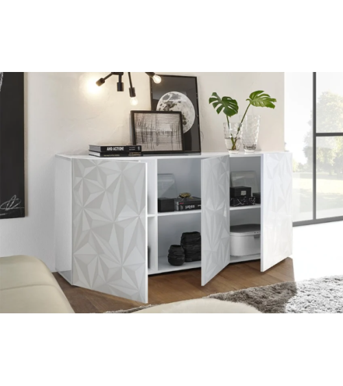 Aparador PRISMA de 3 portas – Branco lacado brilhante – Design geométrico