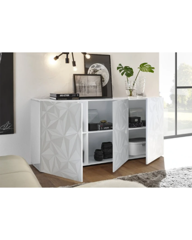 Aparador PRISMA de 3 puertas – Blanco lacado brillante – Diseño geométrico