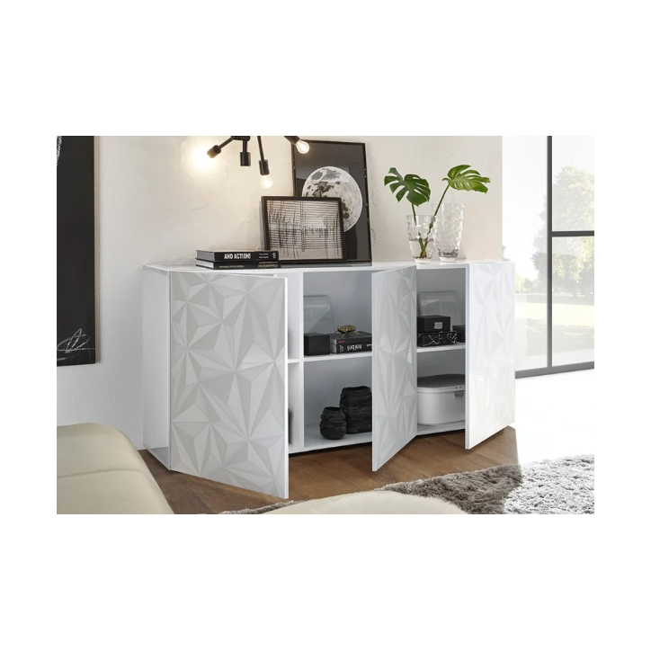 Buffet PRISMA 3 portes – Blanc laqué brillant – Design géométrique