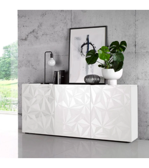 Aparador PRISMA de 3 puertas – Blanco lacado brillante – Diseño geométrico