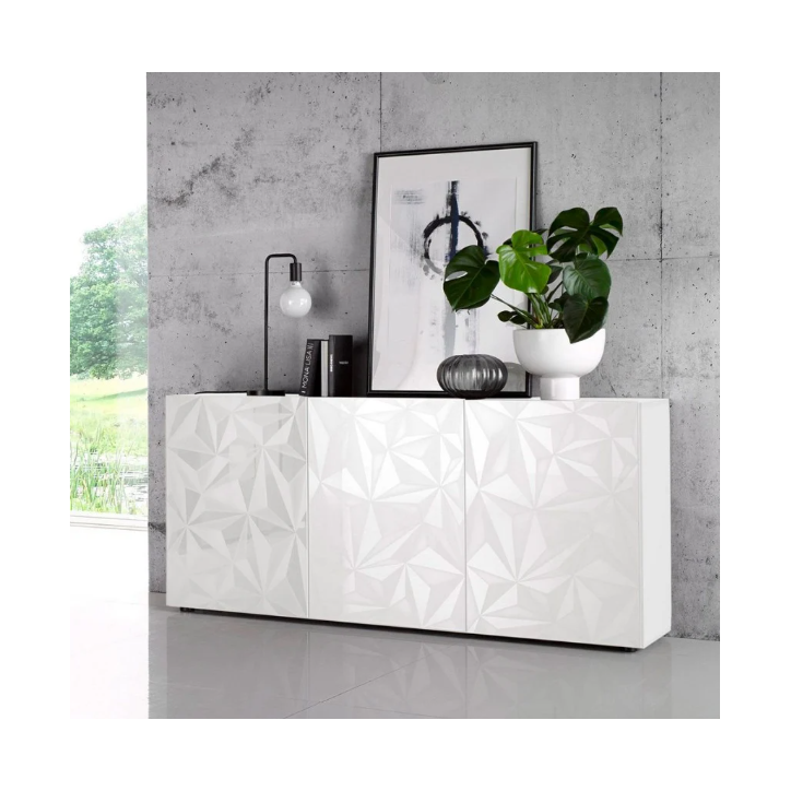 Aparador PRISMA de 3 puertas – Blanco lacado brillante – Diseño geométrico