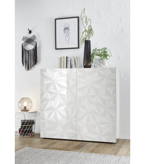 Buffet PRISMA haut 2 portes – Blanc laqué brillant – Design géométrique