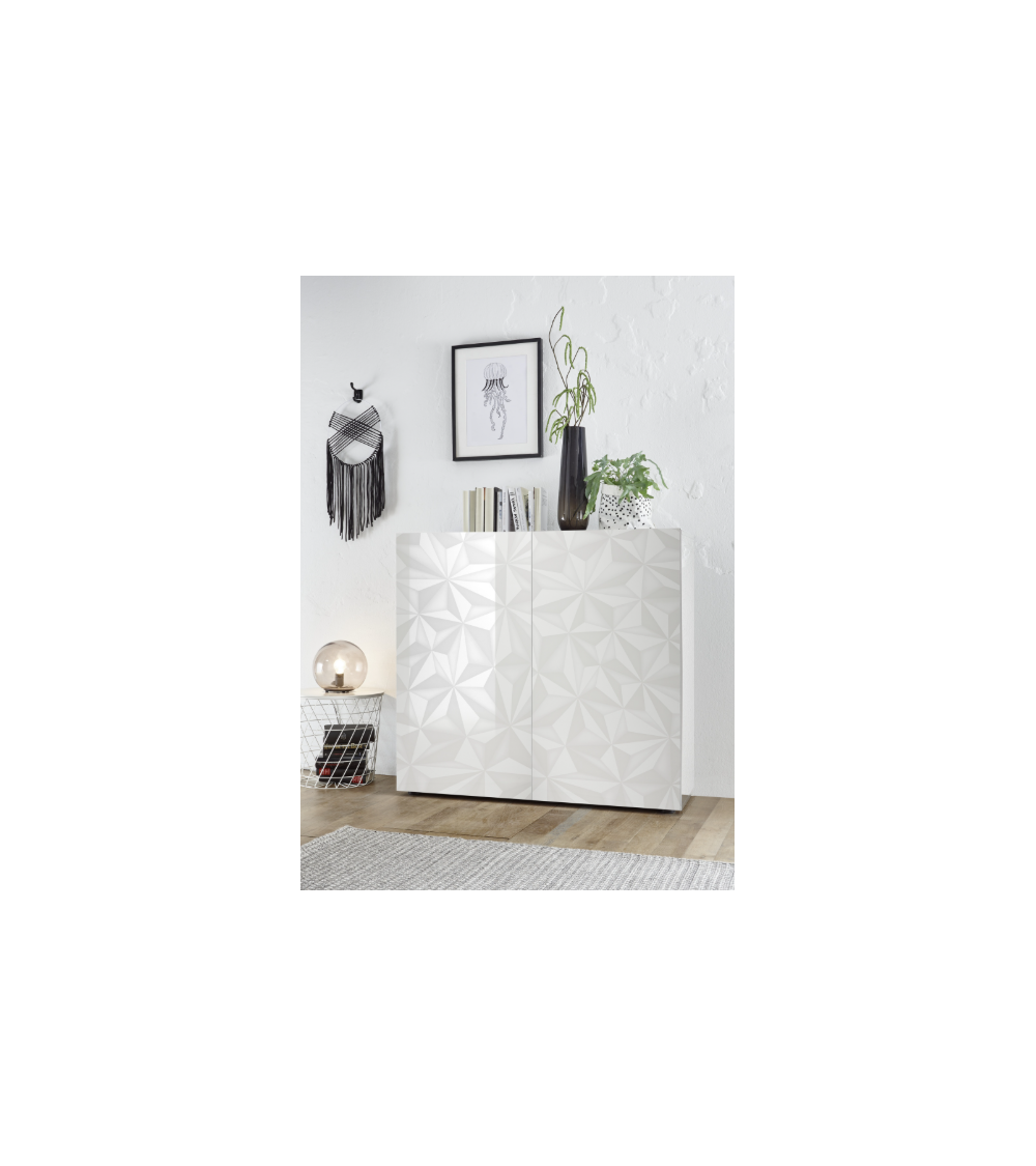 Aparador alto PRISMA de 2 portas – Branco lacado brilhante – Design geométrico
