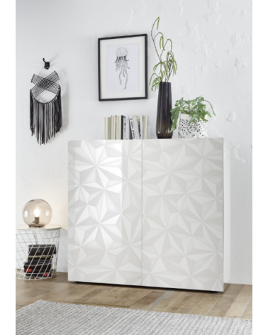 Madia alta PRISMA a 2 ante – Bianco laccato lucido – Design geometrico