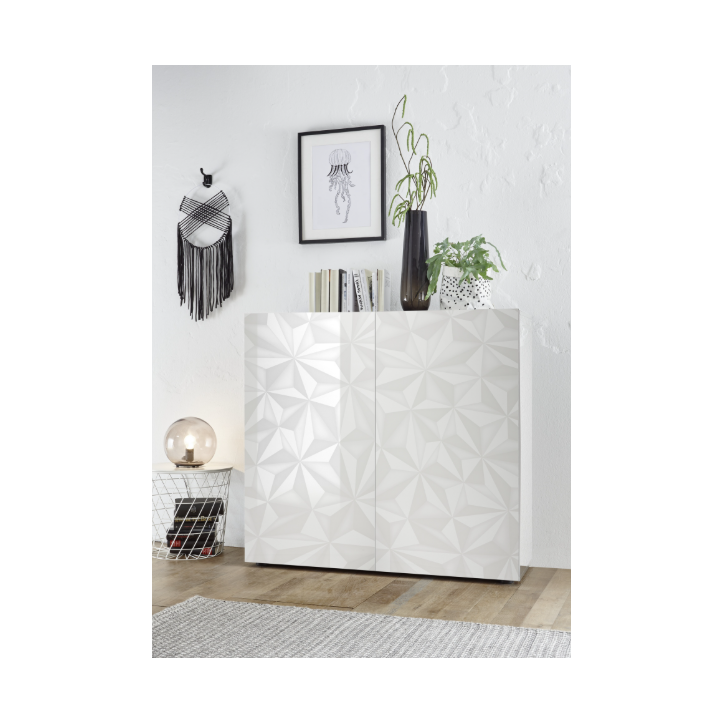 Buffet PRISMA haut 2 portes – Blanc laqué brillant – Design géométrique