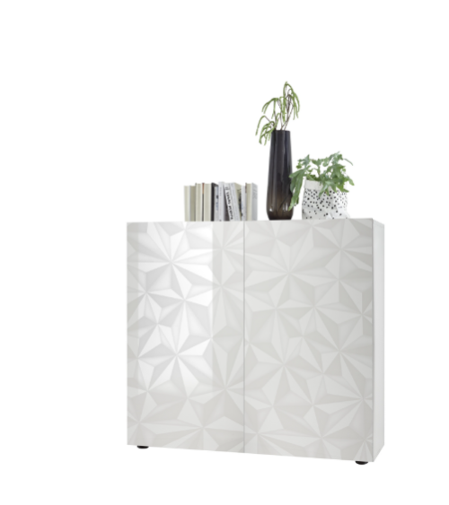Madia alta PRISMA a 2 ante – Bianco laccato lucido – Design geometrico