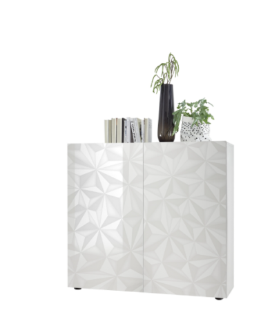 Buffet PRISMA haut 2 portes – Blanc laqué brillant – Design géométrique