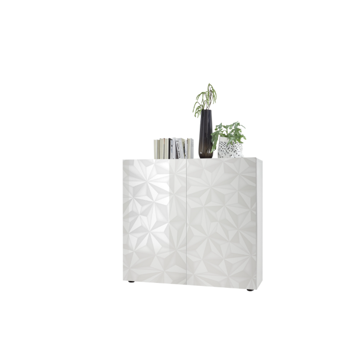 Madia alta PRISMA a 2 ante – Bianco laccato lucido – Design geometrico