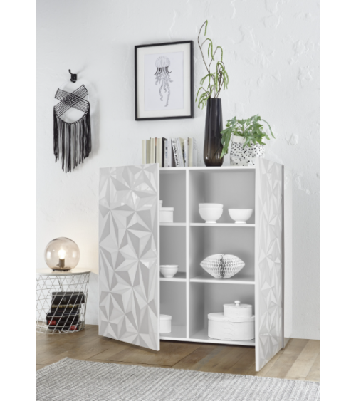 Buffet PRISMA haut 2 portes – Blanc laqué brillant – Design géométrique