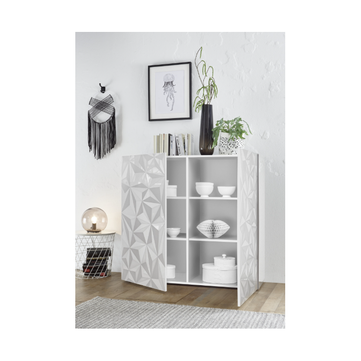 Buffet PRISMA haut 2 portes – Blanc laqué brillant – Design géométrique