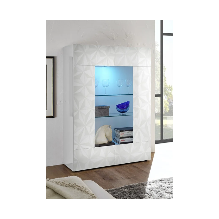 Vitrine PRISMA de 2 portas com secções centrais em vidro – Branco lacado brilhante