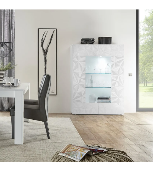 Vitrine PRISMA 2 portes avec parties vitrées centrales – Blanc laqué brillant
