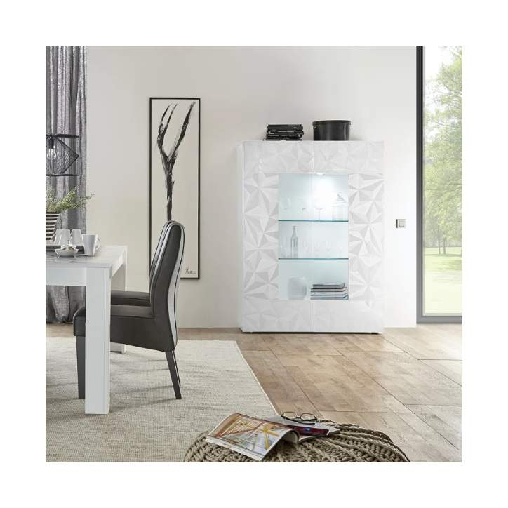 Vitrine PRISMA de 2 portas com secções centrais em vidro – Branco lacado brilhante