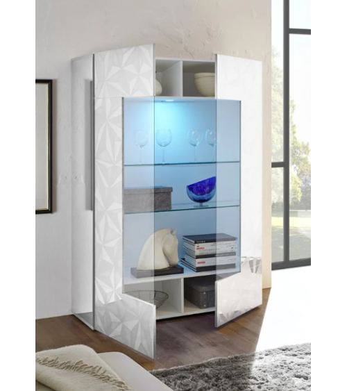 Vitrine PRISMA 2 portes avec parties vitrées centrales – Blanc laqué brillant